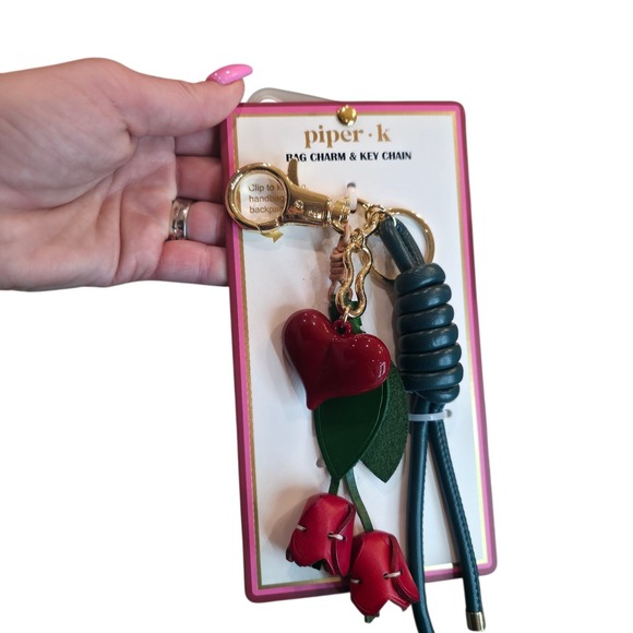 Piper K bag charm and keychain features a red heart and green leather tulips. - Picture 4 of 5